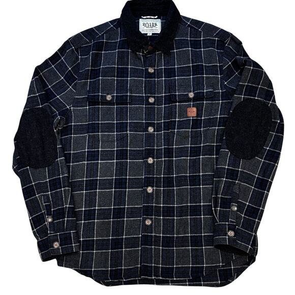 ROARK REVIVAL Nordsman Gray Black Plaid Button Front Elbow Patches Medium Poly - Picture 1 of 6